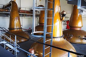 Zwei Brennblasenpaare stehen im Brennhaus der GlenAllachie Distillery Zwei Brennblasenpaare stehen im Brennhaus der GlenAllachie Distillery