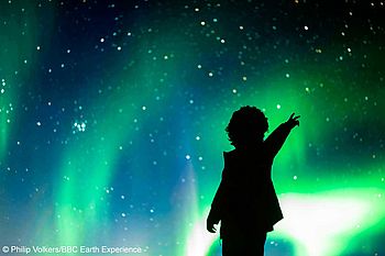 Ein Kind schaut sich ein Nordlichter-Panoramabild an.
