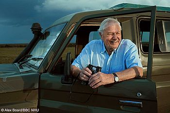 Sir David Attenborough hält ein Fernglas in der Hand und steht in der offenen Tür eines Geländewagens.