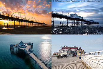 Southport Pier, Merseyside (oben links), Worthing Pier, Sussex (oben rechts), Llandudno Pier in Wales (unten links), Cromer Pier, Norfolk (unten rechts)