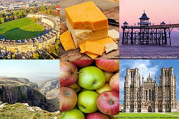 Collage mit sechs verschiedenen Bildern: Royal Crescent in Bath, Cheddar, Pier in Clevedon, Cheddar Gorge, Äpfel, Wells Cathedral
