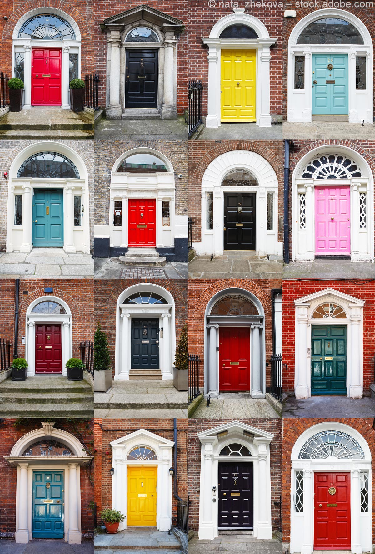 Bildcollage aus 16 farbigen Haustüren