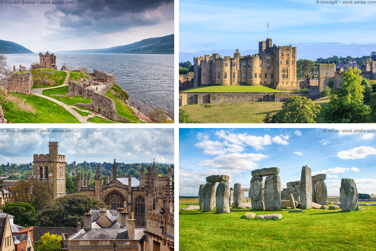 Bildcollage aus vier Fotos: Urquhart Castle am Loch Ness, Alnwick Castle, Oxford, Stonehenge