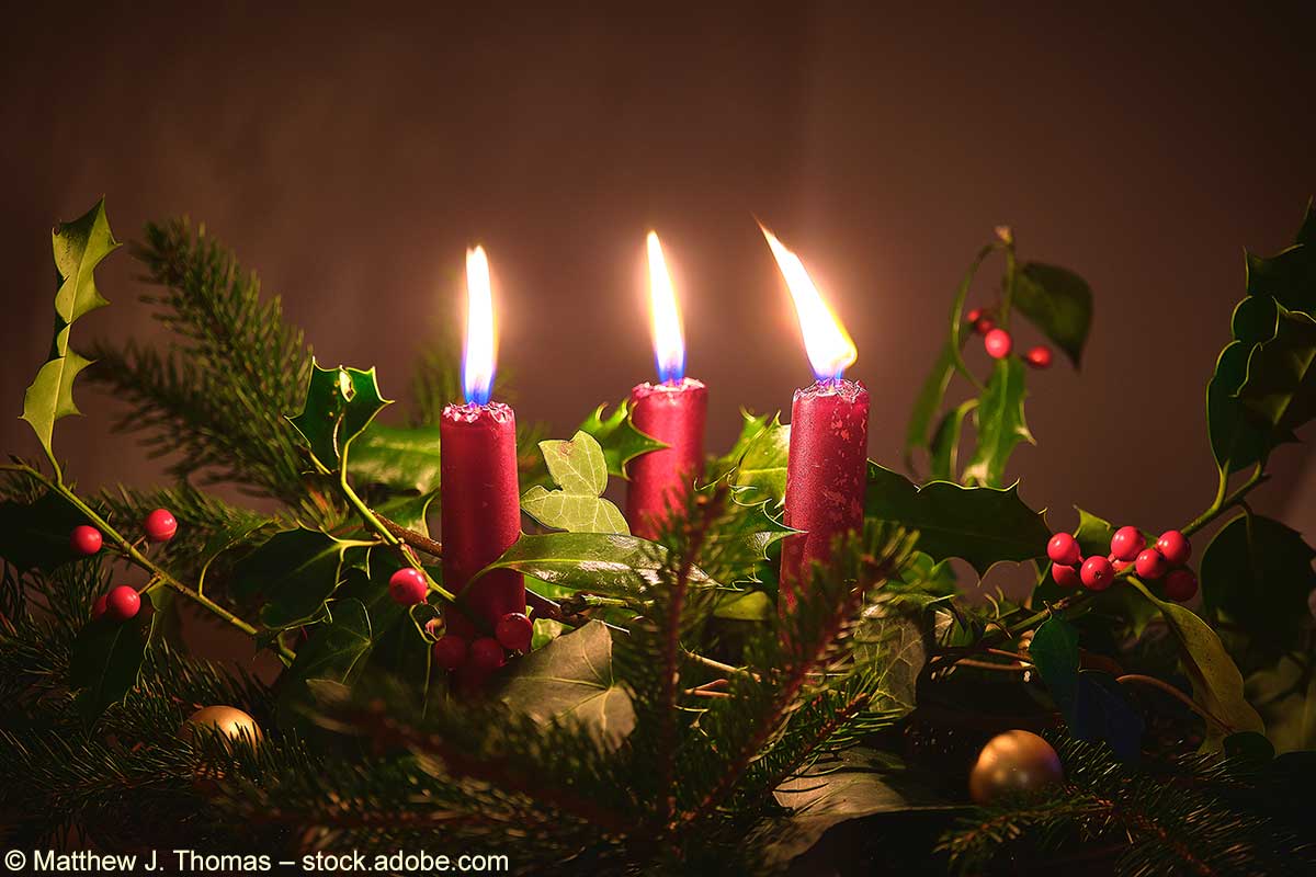 Weihnachtsgesteck mit drei roten Kerzen und grünen Zweigen (Efeu, Tanne, Ilex)