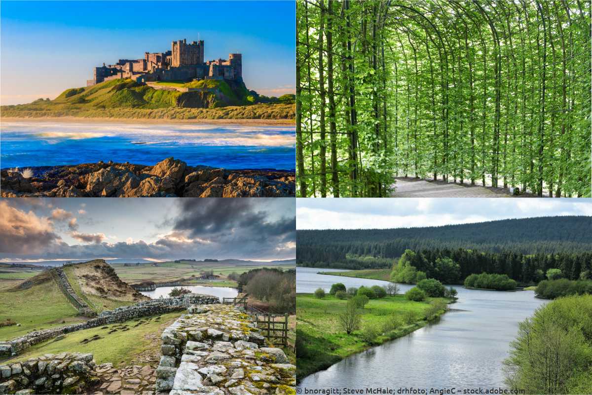 Vier Aufnahmen aus Northumberland: Bamburgh Castle, Alnwick Garden, der Hadrianswall und Kielder Water