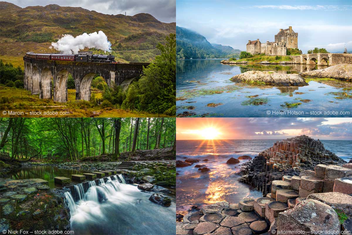Bekannte Filmlocations in Schottland und Nordirland sind das Glenfinnan Railway Viaduct, Eilean Donan Castle, der Giant's Causeway und Tollymore Forest Park.