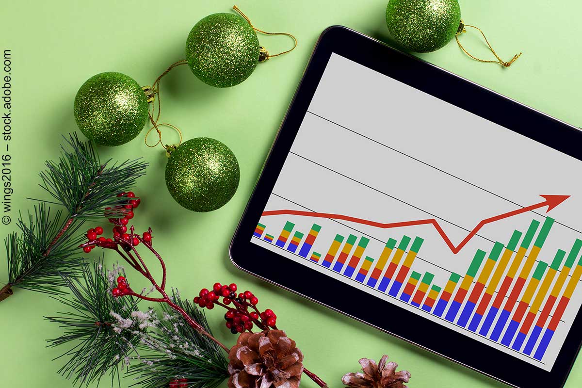 Tablet mit einem Statistik-Diagramm und von Weihnachtskugeln umgeben